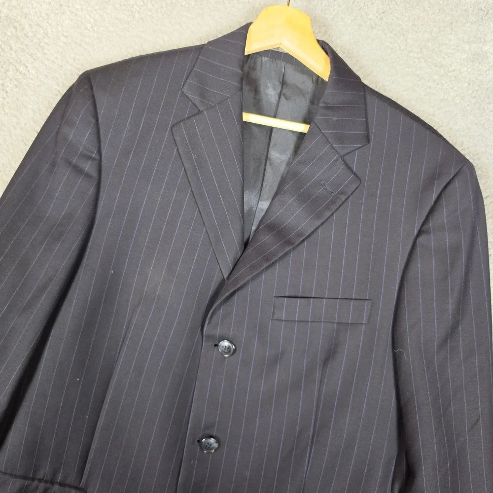 Savile Row Suit Men 40R W34 Navy Blue Two Pieces Pinstripe Pleated Cuffed Wool